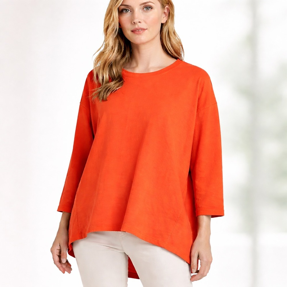 Eileen Fisher Organic Cotton Orange Textured Knit Tunic Knit Top *Small Coastal